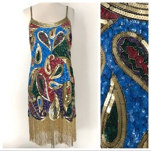 VTG Tan Chho Sequin Flapper Embellished Dress L